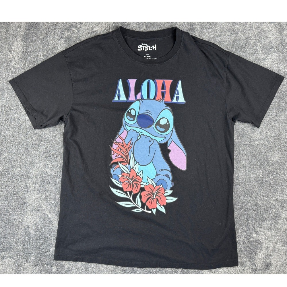 Disney Stitch Aloha T-Shirt Black Graphic Tee Lilo & Stitch Mens Medium M